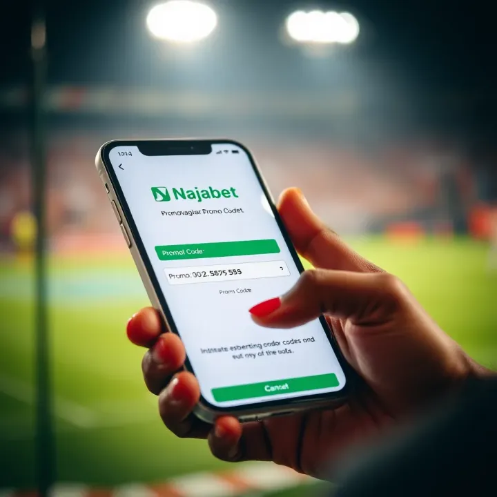Graphic of a smartphone displaying a promo code input screen for Naijabet betting platform
