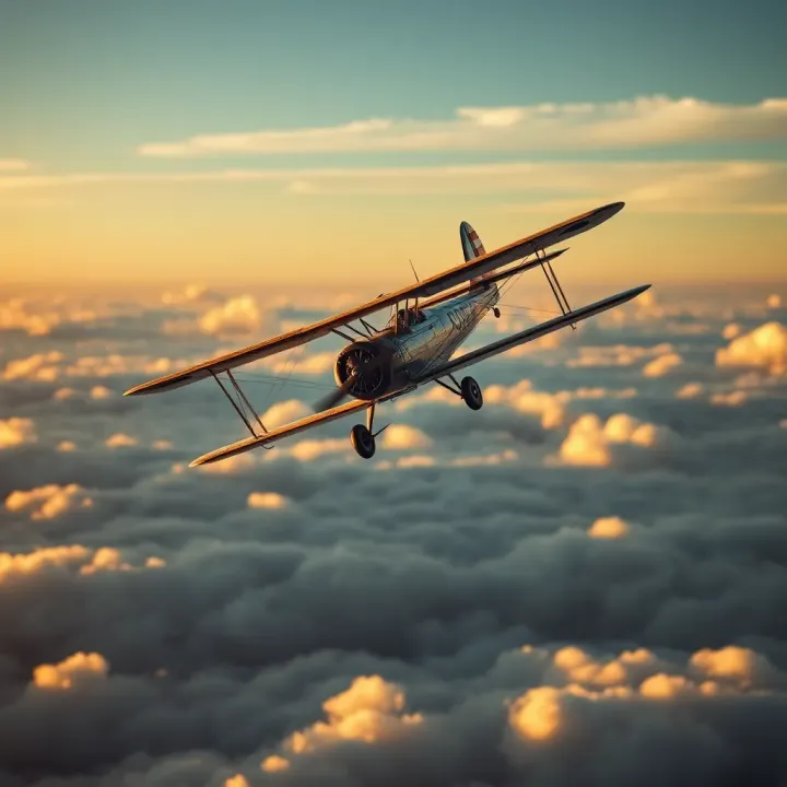 Vintage airplane soaring above clouds symbolizing early aviation innovation