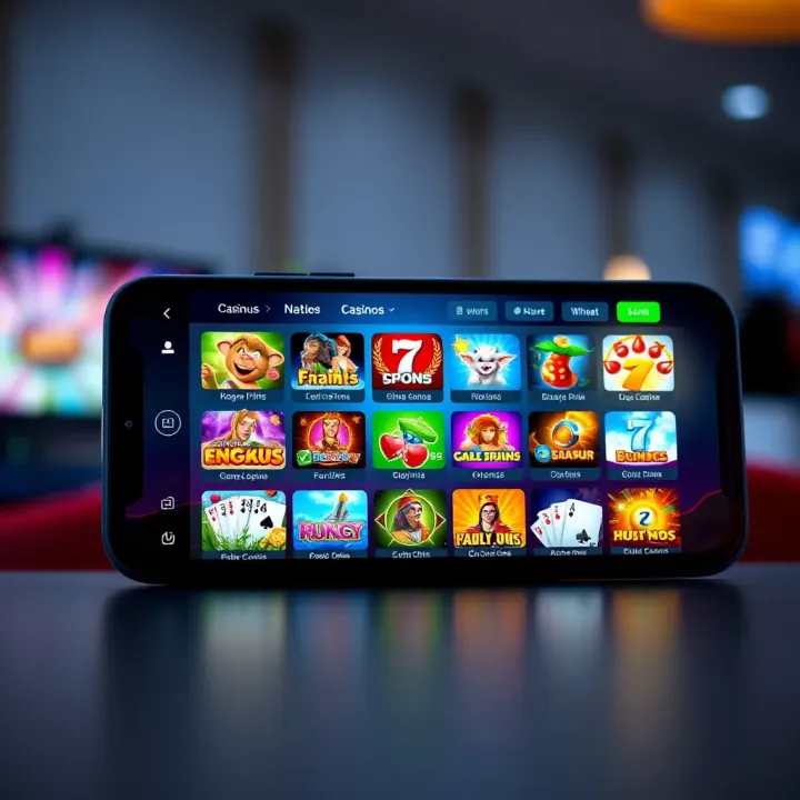 Smartphone displaying a vibrant online casino interface with various game icons