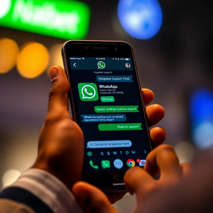 Smartphone displaying WhatsApp chat interface with Naijabet customer support