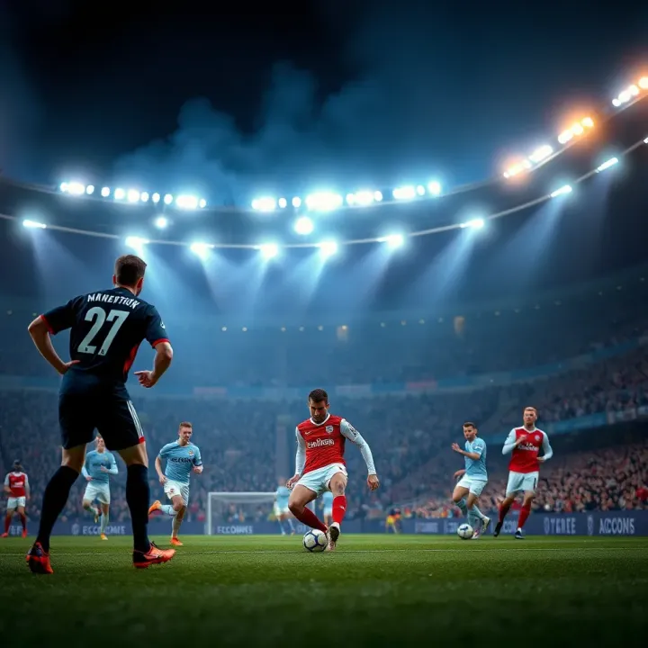 Premier League teams competing on a football pitch with vibrant crowd in the background