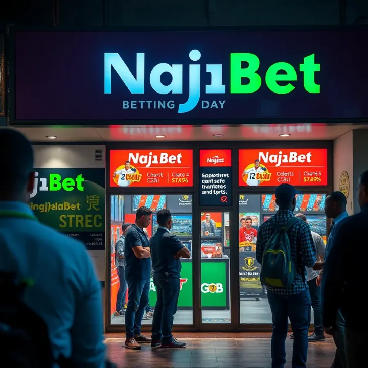 NaijaBet storefront with vibrant branding and customers engaging in sports betting activities