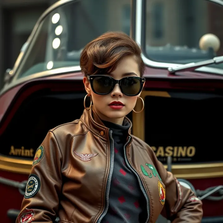 Retro aviation jacket styled with pinup flair, featuring bold patterns and accessories