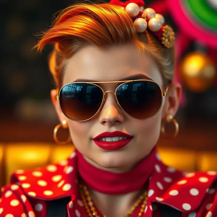 Vintage-inspired aviator sunglasses paired with vibrant pinup hairstyle and fashion accessories