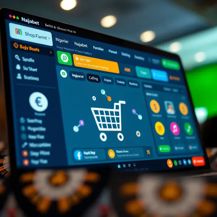 Digital Interface of Shop Naijabet Con for Nigerian Users Illustration showing a digital betting platform interface with Nigerian currency symbols and icons representing online shopping