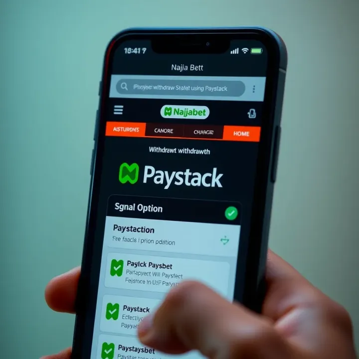 Naijabet Withdrawal Interface Featuring Paystack Option Mobile phone screen displaying Naijabet withdrawal interface with Paystack payment option