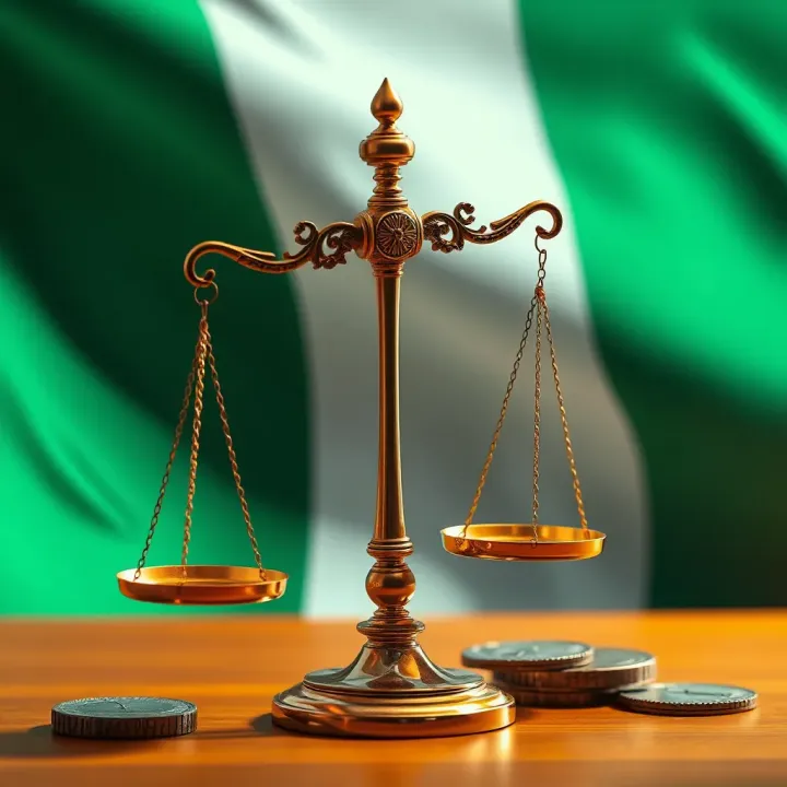 Symbolic representation of legal scales alongside Nigerian flag emphasizing legal considerations