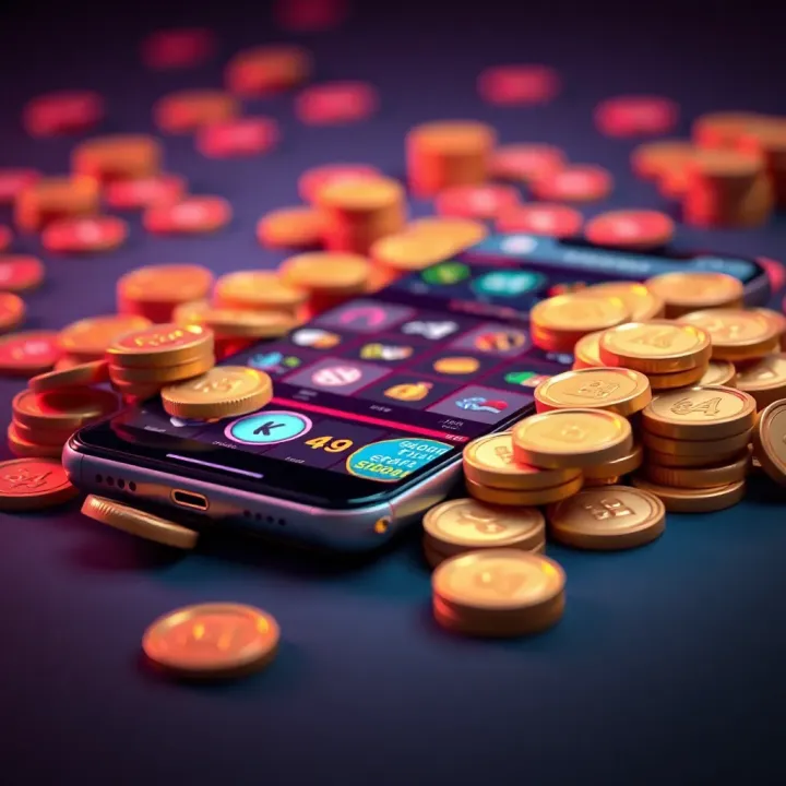 Illustration of cashback and bonus coins surrounding a smartphone screen showing a casino game