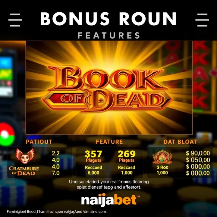 Bonus Round Features and Payout Details for Book of Dead Slot Graphic showing bonus round features and payout details for Book of Dead slot game