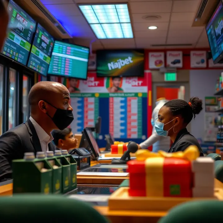 Customer interacting with a bookmaker inside a Naijabet betting outlet