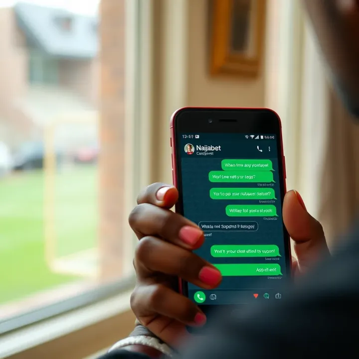 Smartphone showing WhatsApp chat with Naijabet customer support for sports betting assistance