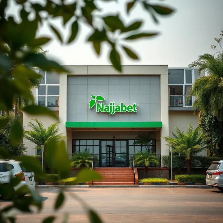 Exterior view of the Naijabet head office building surrounded by greenery