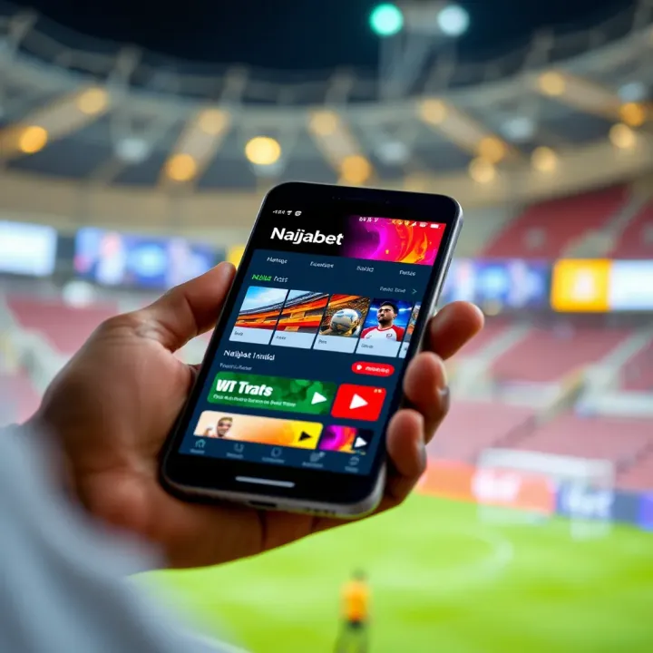 Mobile phone displaying Naijabet India app interface with colorful sports betting options