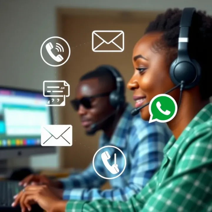 Illustration of multiple communication channels including phone, email, and WhatsApp for Naijabet support