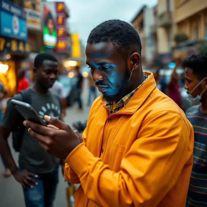 User engaging with online sports betting platform on a mobile device in a vibrant Nigerian city setting