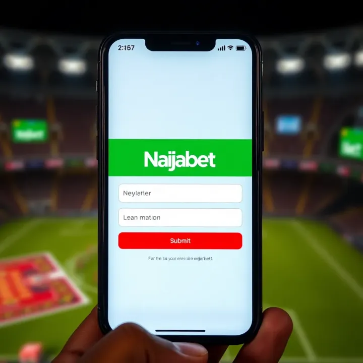 Mobile device showing the Naijabet registration screen with form fields and submit button
