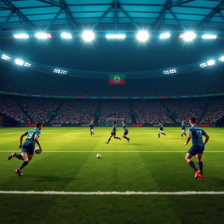 A vibrant rugby field showcasing teams competing under bright stadium lights