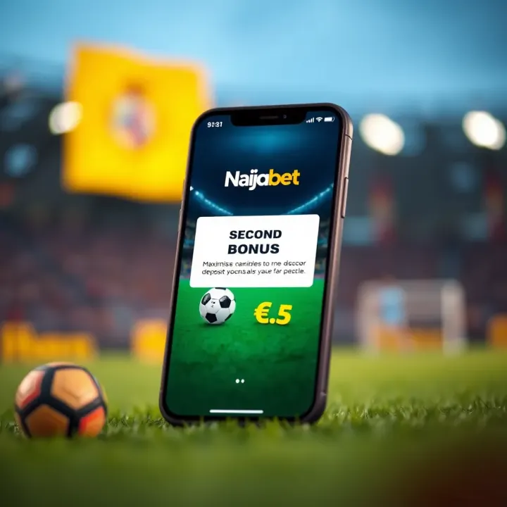 Illustration showing a mobile phone screen displaying Naijabet's second deposit bonus notification with a football and currency symbols