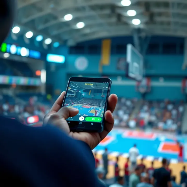 User accessing real-time basketball scores on a smartphone in a dynamic sports setting
