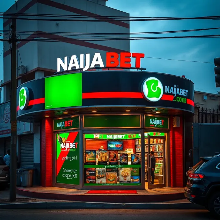 Naijabet sports betting shop exterior with Nigerian urban background