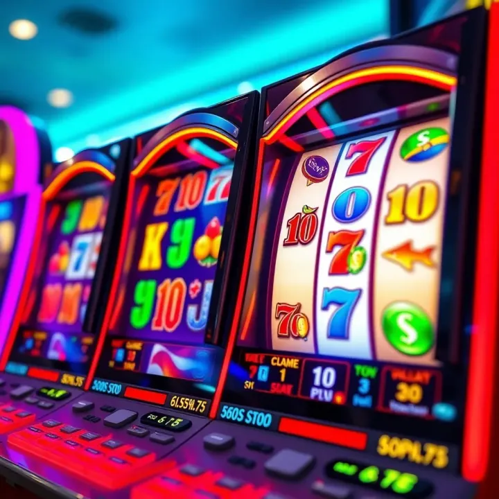 Colorful slot machine reels displaying various symbols with bright lights