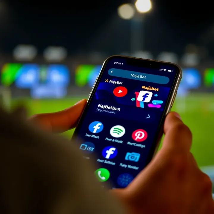 Smartphone displaying NaijaBet social media pages and secure betting platform icons