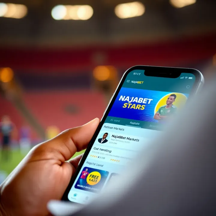 Mobile phone displaying Naijabet Stars app with betting markets and promotional offers