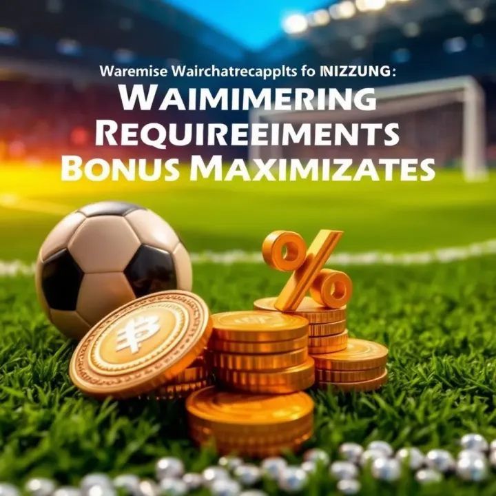 Graphic depicting a football field background with coins and a percentage symbol indicating wagering requirements and bonus maximization