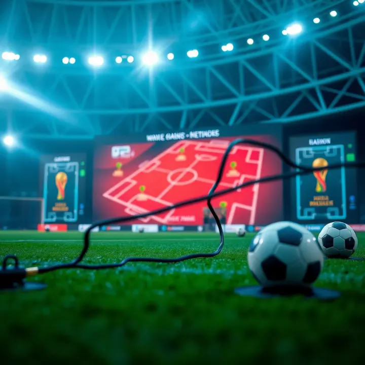 Football pitch with strategic game plans and player formations displayed on a digital screen