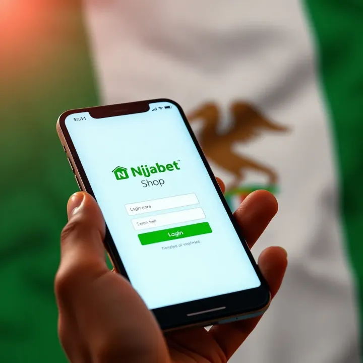 Smartphone displaying Naijabet Shop mobile login screen with Nigerian flag in background
