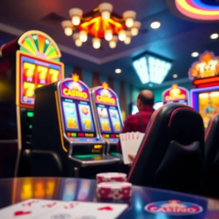 Colorful digital casino interface showing slot machine and card games