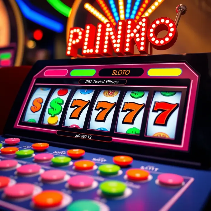 Illustration of a vibrant online Plinko game board with colorful pegs and slots showing potential cash prizes