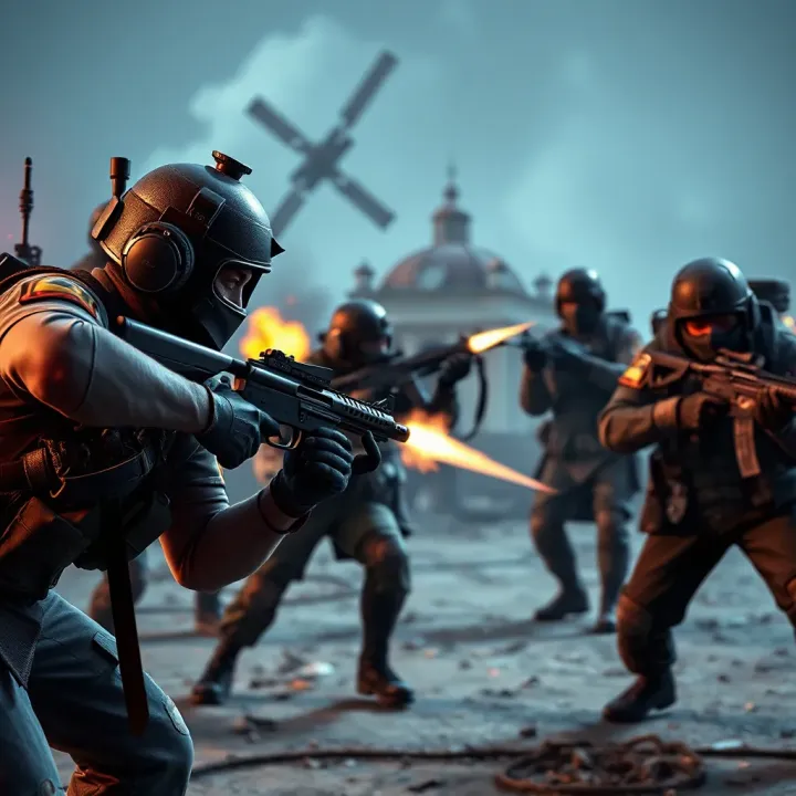Screenshot showing intense multiplayer combat in Mini Militia gameplay with characters using various weapons