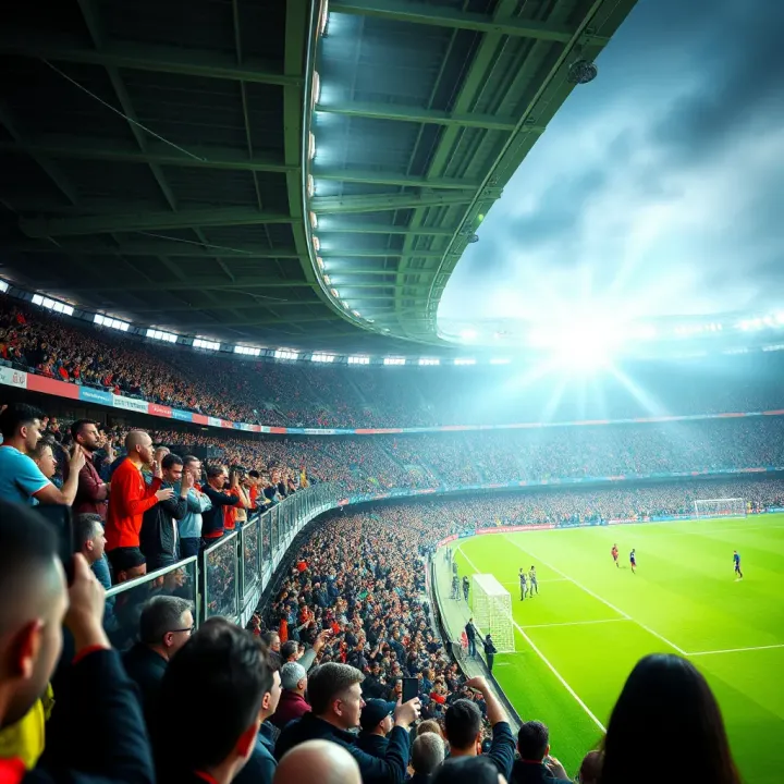 Close-up view of a modern football stadium filled with enthusiastic fans