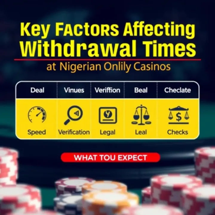 Chart showing factors influencing withdrawal times at online casinos with icons representing speed, verification, and legal checks